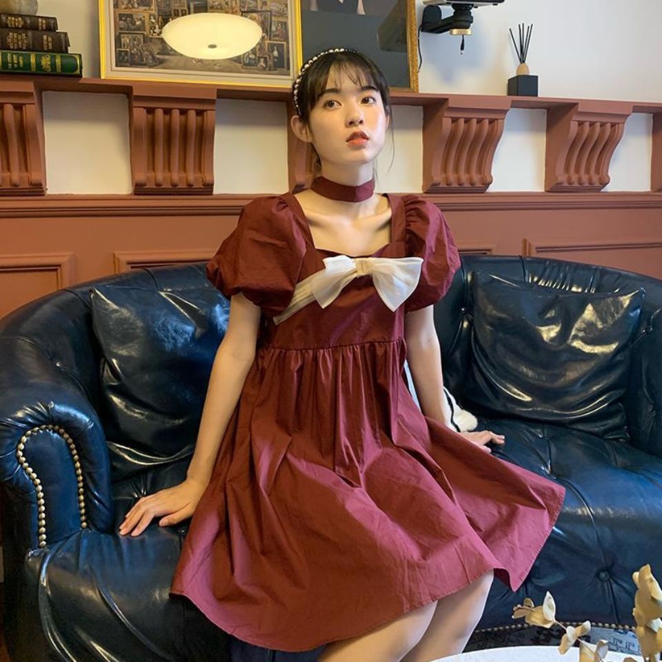 Đầm chữ A cổ vuông màu trơn phong cách retro thời trang Pháp