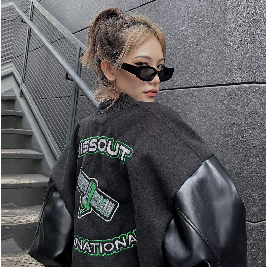 Áo Bomber Nỉ MISSOUT Phối Tay Da 🦋 Áo Khoác Bóng Chày Unisex Dáng Rộng 🦋