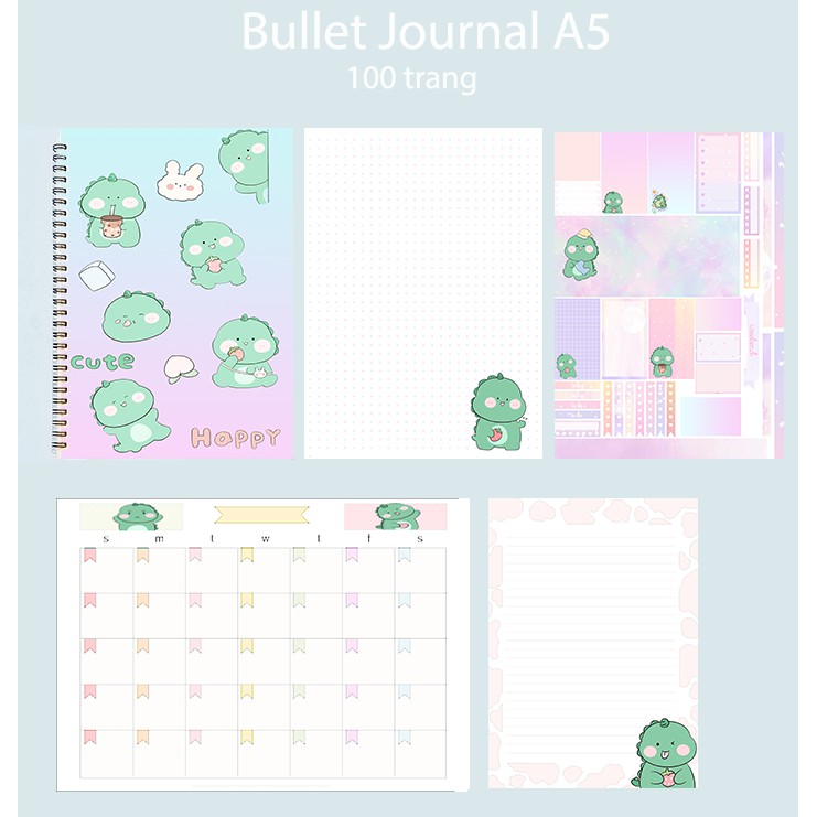 Sổ bullet journal khủng long SBJ26 A5 100 trang 160gsm chấm kẻ ngang  in màu monthly planner  Sổ tay vẽ chì Sketchbook