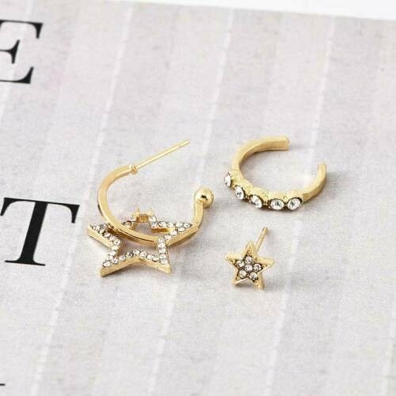 Fashion Women's Crystal Star Ear Stud Cuff Star Pendant Stud Hoop Earrings