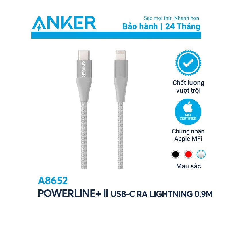 [Có túi đựng] Cáp sạc ANKER PowerLine+ II Lightning to USB-C dài 0.9m - A8652