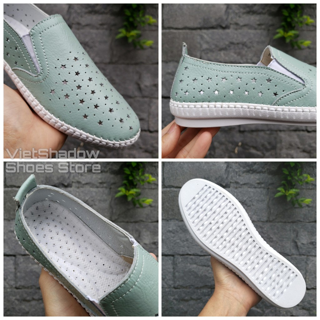 Slip on da nữ - Giày lười da nữ đột lỗ hình ngôi sao, đế khâu - Chất liệu bò 2 màu (đen) và (trắng) - Mã SP 2026N