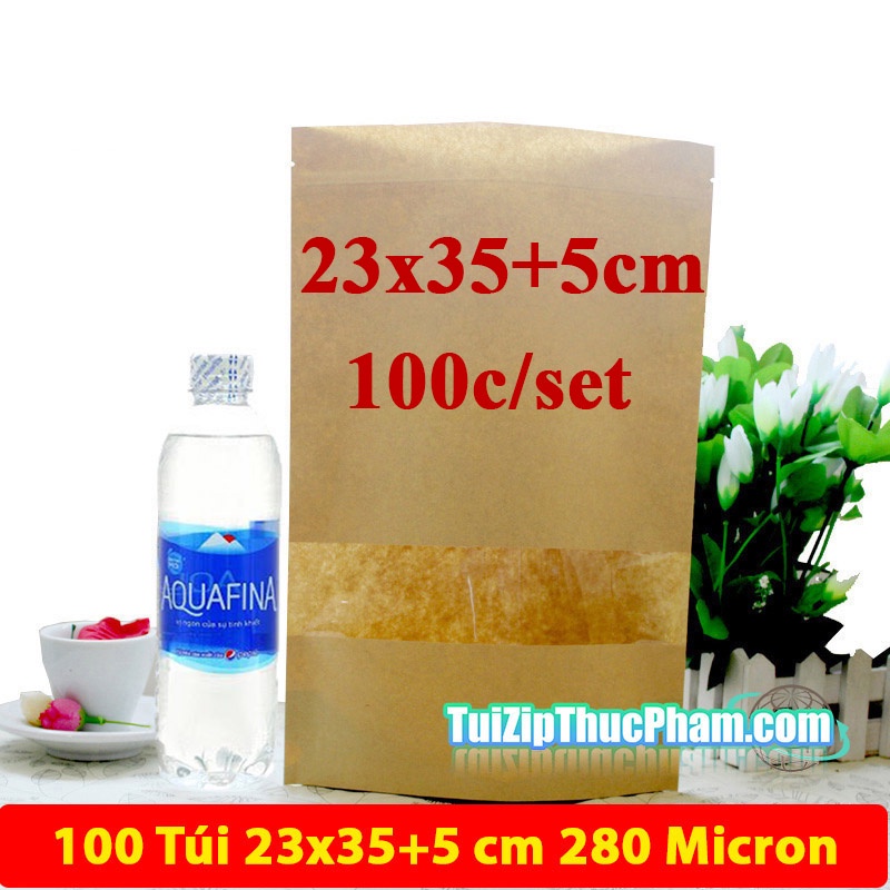 100 túi zip MIS size 23*35 cm 1kg bột mịn, zipper giấy kraft vàng cửa sổ tràn viền, phủ CPP chống nước đựng thực phẩm