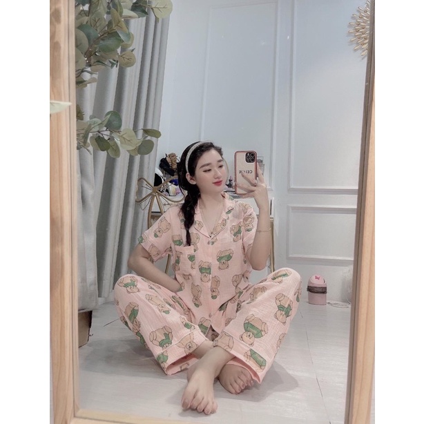 BỘ PIJAMA CHẤT XÔ MUSLIN HÀNG ÁO CỘC QUẦN DÀI - Bộ mặc nhà nữ