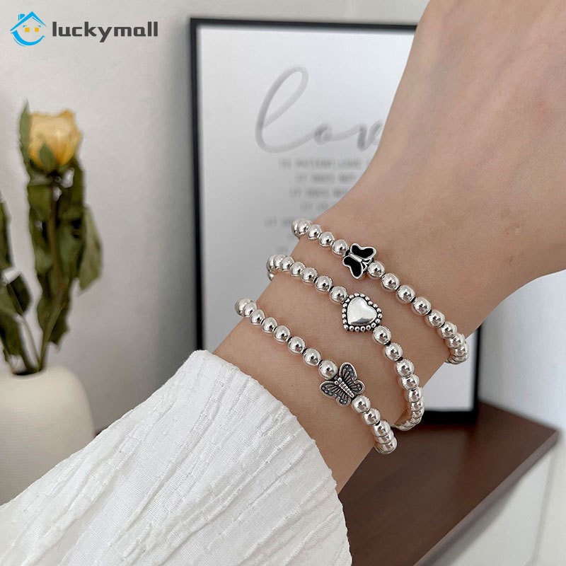 Bộ 3 vòng đeo tay kim loại đính hạt tròn đơn giản thời trang dành cho nữ