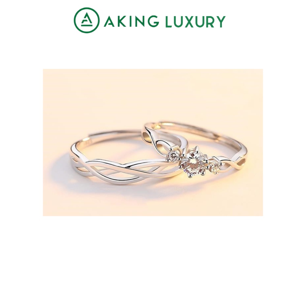 Nhẫn đôi AKING LUXURY AK03 cao cấp, nhẫn bạc nam trơn uốn lượn, nhẫn bạc nữ điểm xuyến đá tinh tế, mới nhất 2021