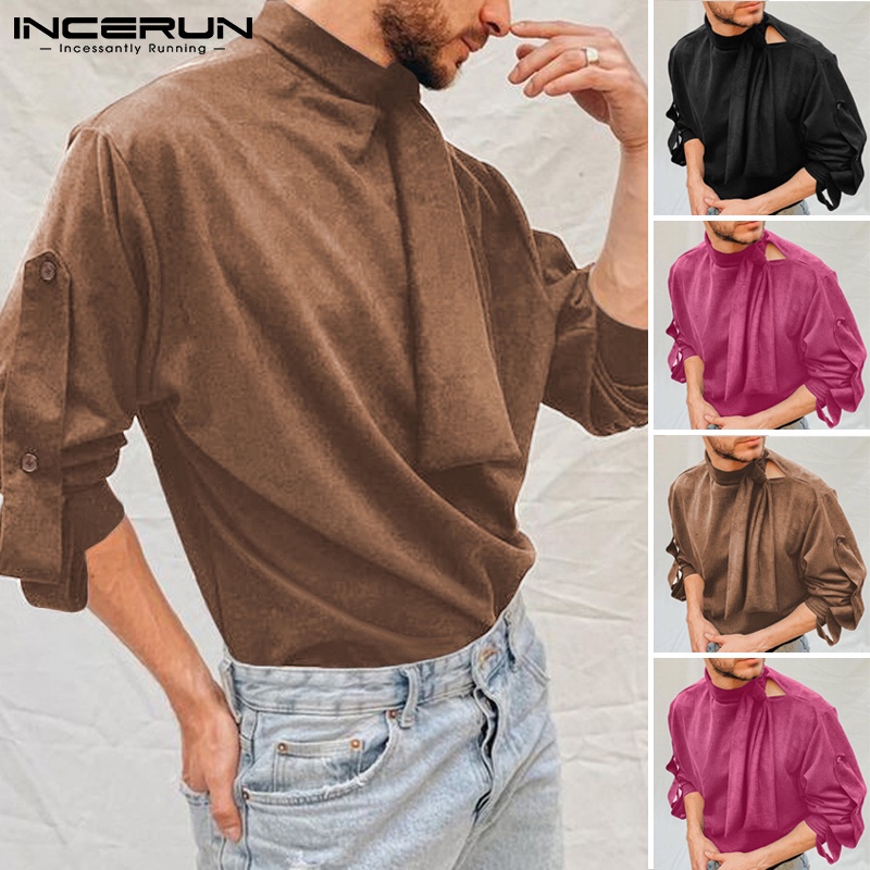 Áo INCERUN Dáng Rộng Tay Dài Cổ Phối Dây Thắt Màu Trơn Thời Trang Cho Nam
