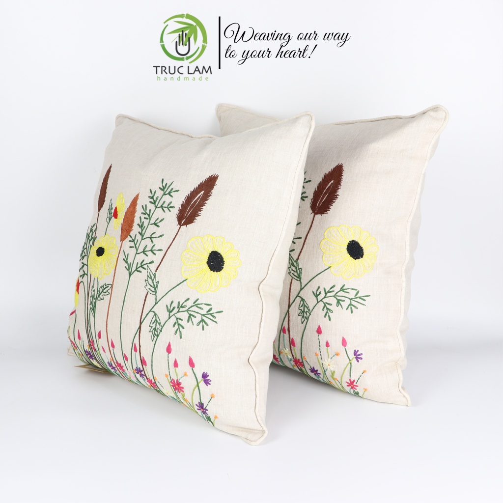 Gối/Vỏ Gối Vuông Tựa Lưng Sofa (45x45) Trang Trí Phòng Vải Linen Thêu Thủ Công Cánh Đồng Hoa Vàng – Trúc Lâm Handmade
