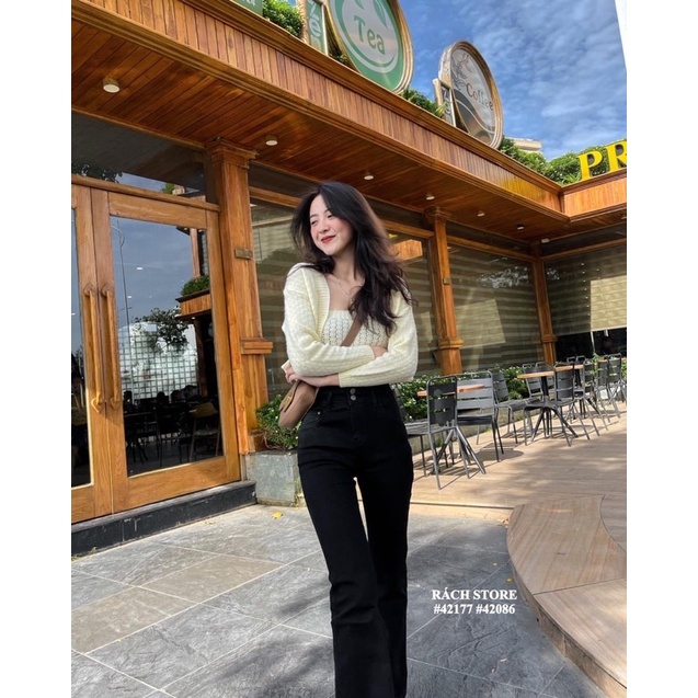 [RÁCH STORE] Set áo len (1892) áo dây kèm cardigan 3nút đá - Quần jean loe (5232) trơn nút đôi