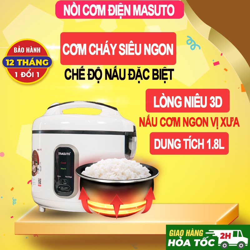 Nồi Cơm Điện Lòng Niêu Masuto 1,8L Nấu Ngon Vị Truyền Thống Có Thể Nấu Cơm Cháy