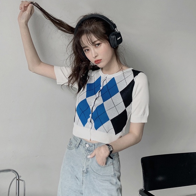 Áo cardigan ZHELIHANGFEI cổ tròn ngắn tay chất dệt kim cài nút họa tiết hình thoi dành cho nữ