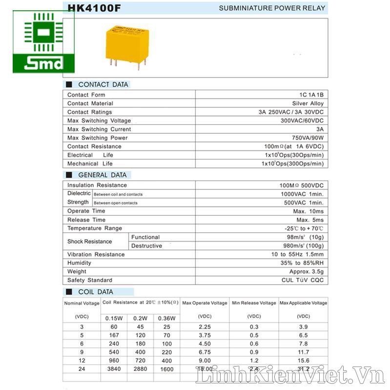 Relay HUIKE hK4100F-DC12V-SHG (3A - 6 chân)