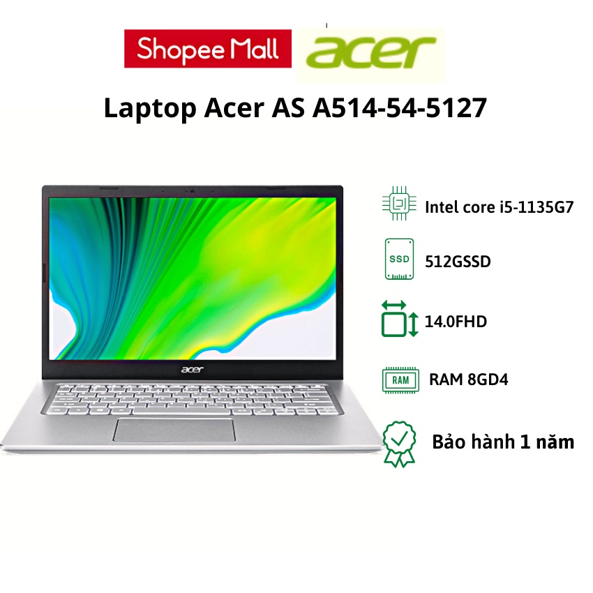 Laptop Acer Aspire A514-54-5127 (NX.A28SV.007)/Silver/ Intel Core i5-1135G7 (up to 4.2Ghz, 8MB)/ RAM 8GB/ 512GB SSD