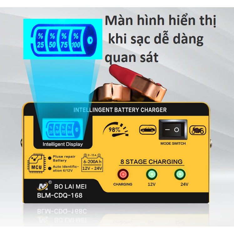 Máy sạc bình ắc quy 12V 24V từ 3AH-200AH BOLAIMEI cho ô tô xe máy các loại bình khô và bình nước tự ngắt khi đầy