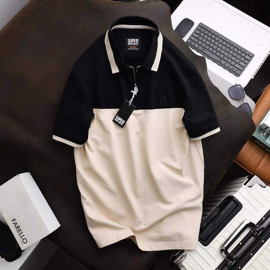 Áo polo nam phối thân với khóa zip trẻ trung , chất vải cá sấu cotton 4 chiều cao cấp , form slim fit trẻ trung