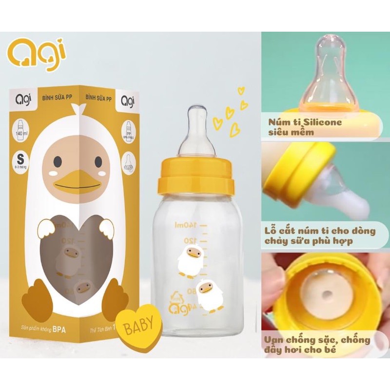 BÌNH SỮA AGI CỔ HẸP CHỐNG SẶC TẶNG KÈM NÚM 60ML/140ML/250ML