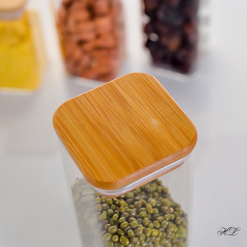 Lọ thuỷ tinh, Hũ thuỷ tinh Borosilicate nắp gỗ vuông các cỡ