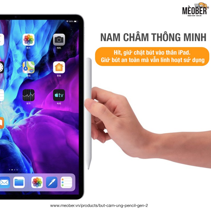 [UPDATE 2023] Bút cảm ứng Stylus Pencil2 - Tì tay khi viết, nét thanh đậm, sạc nam châm Meober cho iPad, iPhone, Android