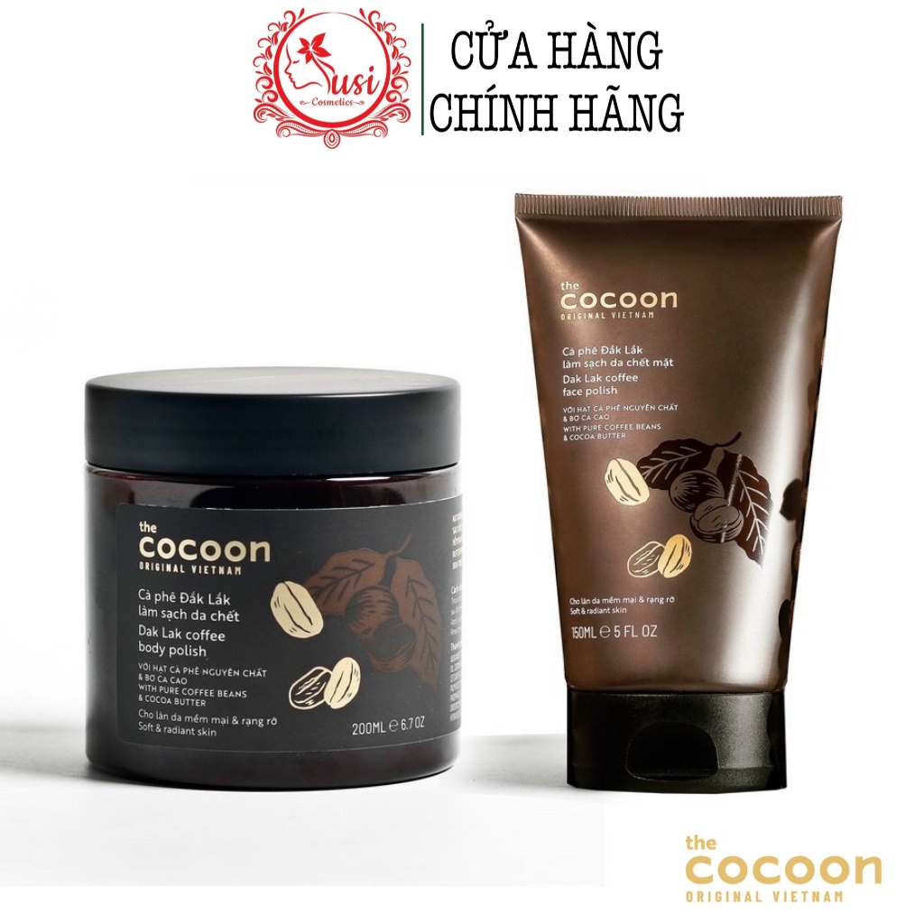 Bộ cà phê Đắk Lắk làm sạch da chết cocoon: da mặt 150ml + cơ thể 200ml