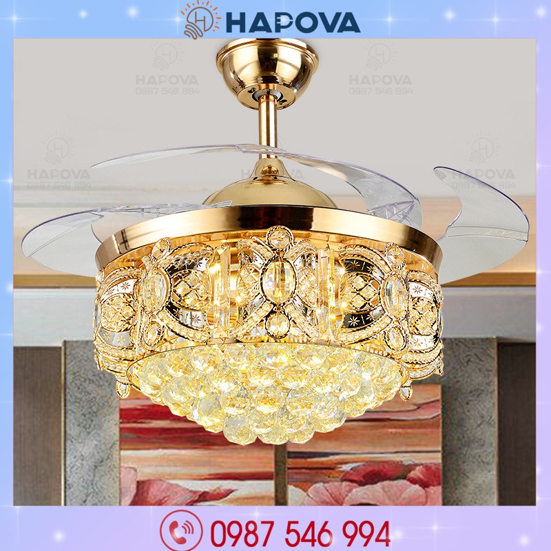 Quạt có đèn, quạt trần đèn dấu cánh pha lê HAPOVA SISOR 8048 Động cơ 6 số + Tặng kèm điều khiển từ xa