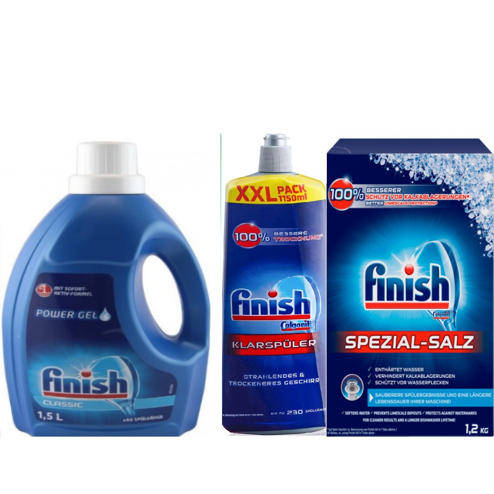 Combo Nước rửa chén cho máy 1500ml + Muối rửa chén Finish 1.2kg + Nước làm bóng finish 1150ml