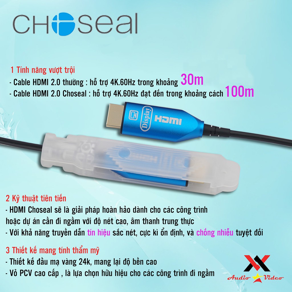 Dây Cáp HDMI Choseal 2.0/4K Cao Cấp Truyền Dữ Liệu Tốc Độ Cao Loại Tròn Dài 30m, 50m Dùng Cho Công Trình Bảo Hành 2 Năm