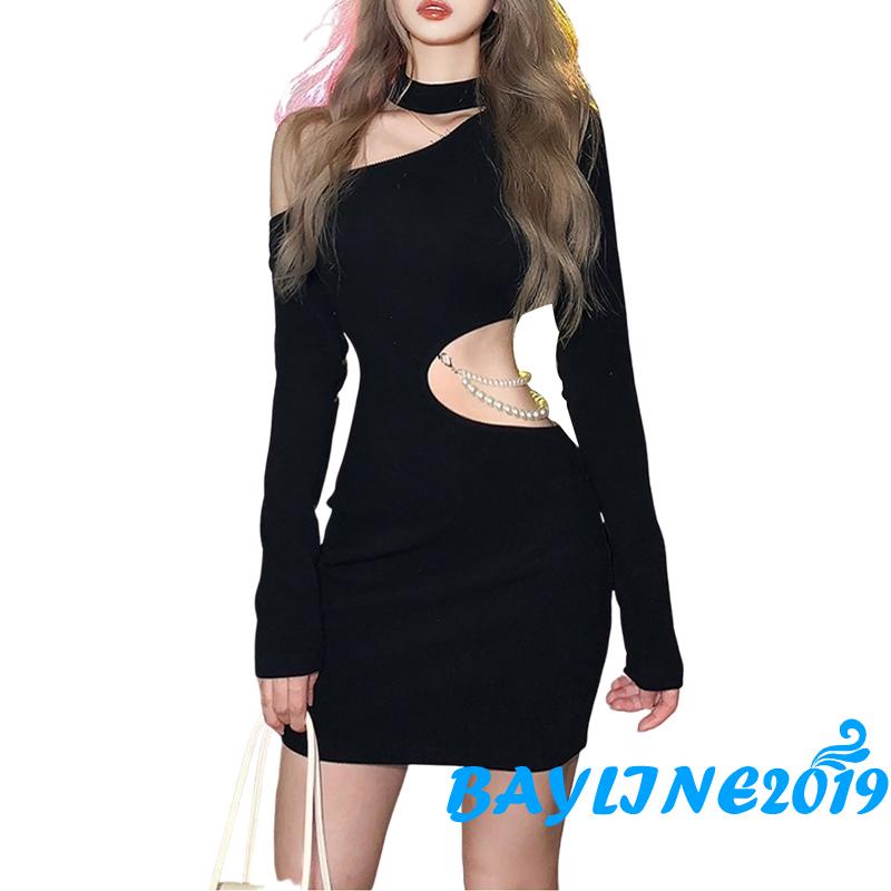 Đầm Ngắn Tay Dài Hở Vai Màu Trơn Đính Ngọc Trai Giả Thời Trang Mùa Thu Dành Cho Nữ