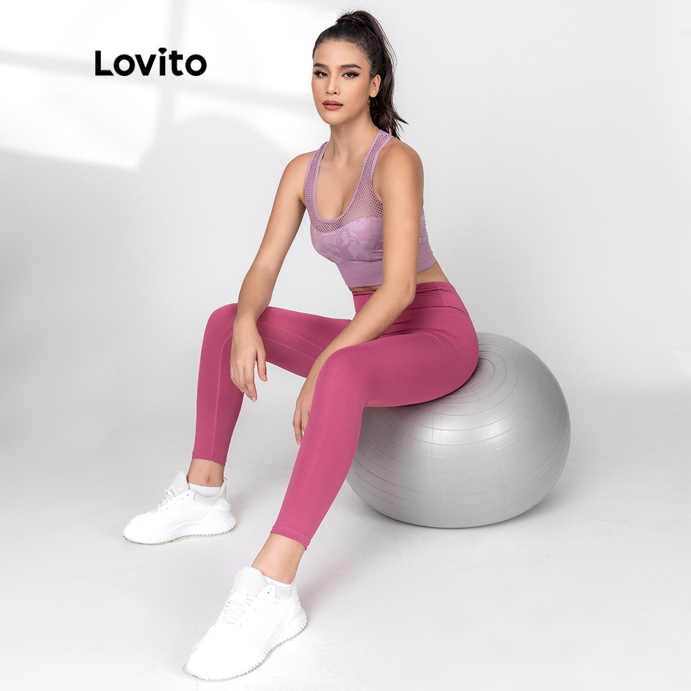 Áo lót Lovito có mút đệm kiểu thể thao chắp vá vải phối lưới lỗ họa tiết camo thiết kế lưng xinh xắn L06004 (màu hồng)