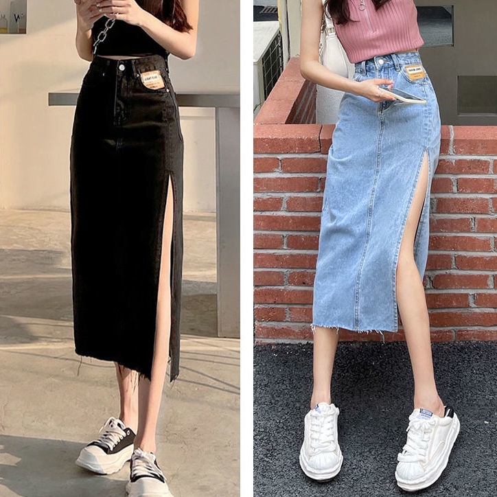 Jiashucheng Chân Váy Denim Lưng Cao Dáng Ôm Xẻ Tà Thời Trang Cá Tính Cho Nữ