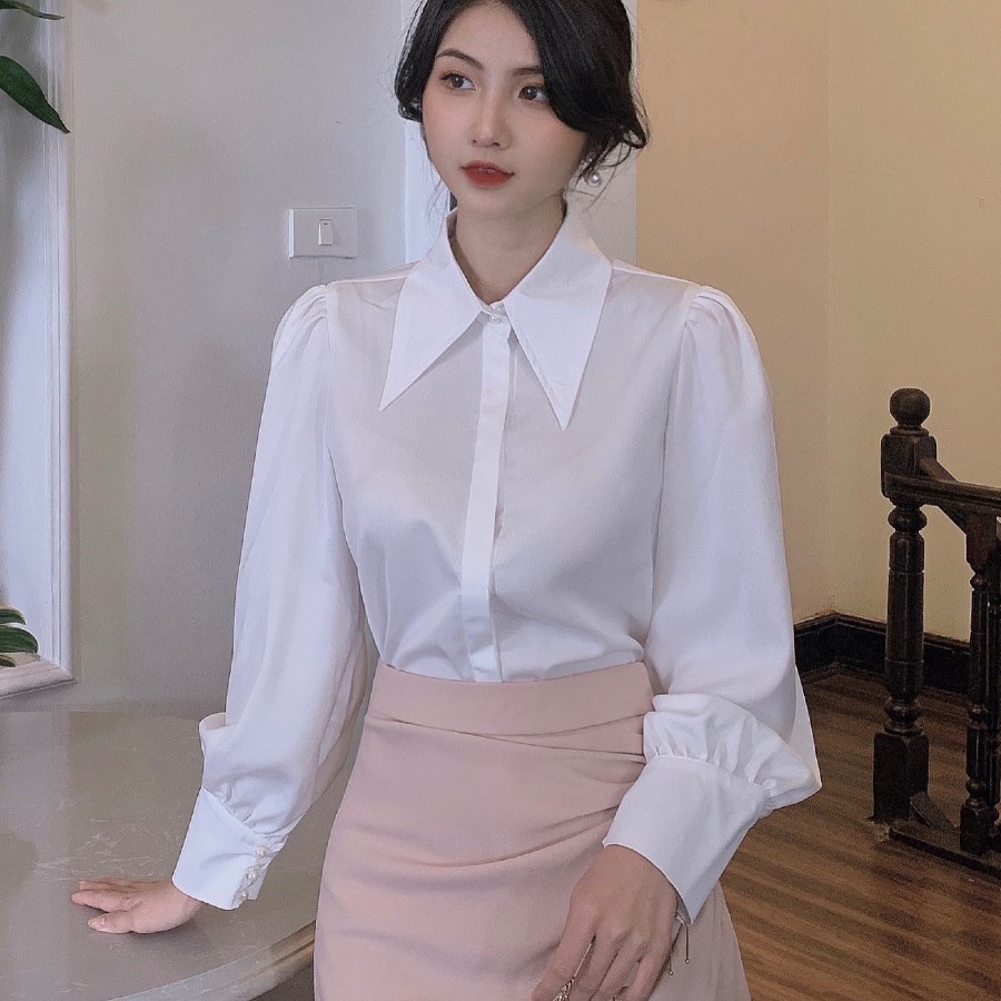 Áo sơ mi nữ, sơ mi nữ dài tay cổ nhọn vải lụa a13