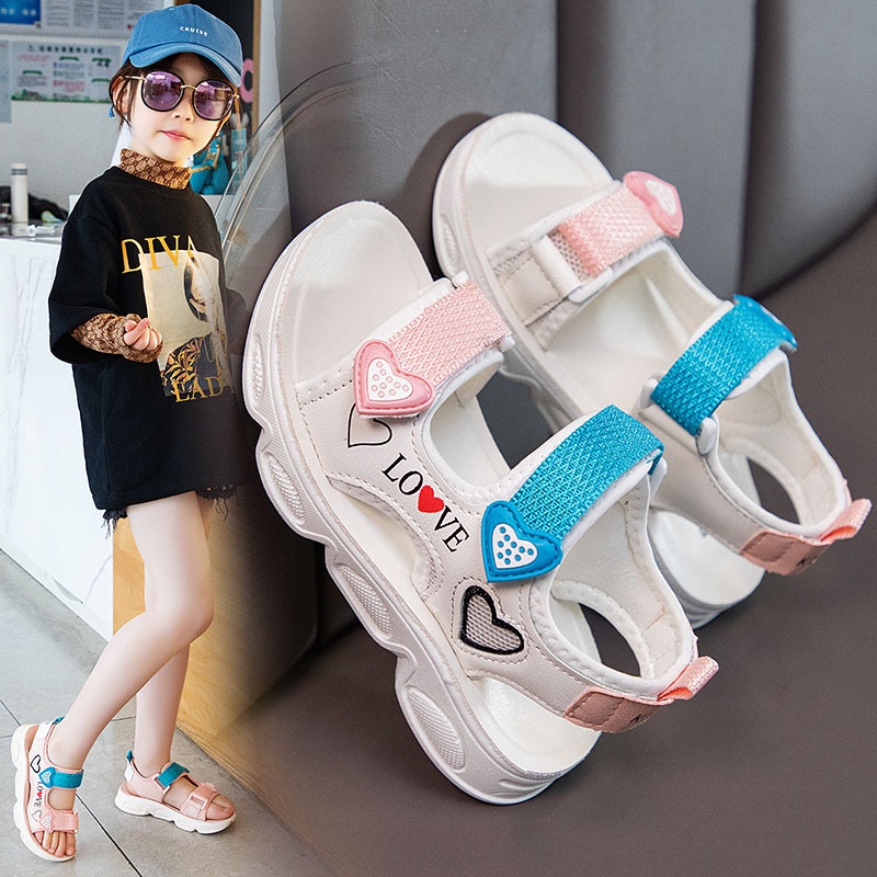 Ảnh thật - Dép sandal bé gái 3 - 13 tuổi đính tim, quai ngang siêu nhẹ đế êm chống trơn trượt ES014