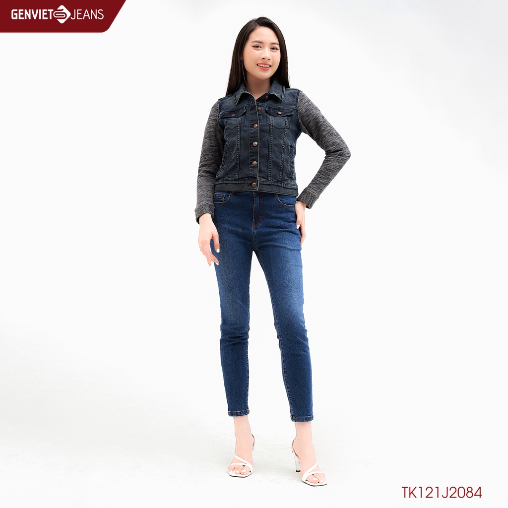 Áo Khoác Jeans Genviet Nữ Túi Hộp Chất Bò Jean Phối Tay Nỉ TK121J2084