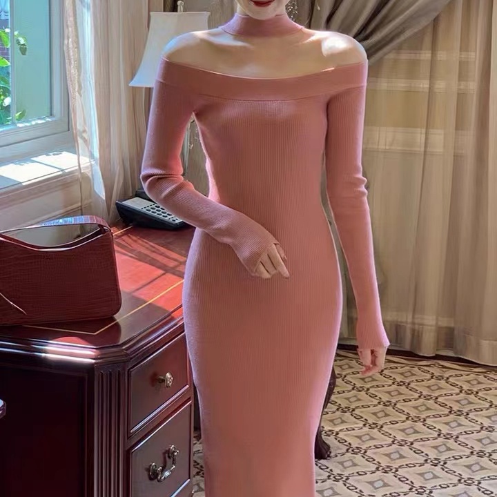 SUXI Đầm midi dệt kim tay dài hở vai màu trơn thời trang mùa thu mới cho nữ