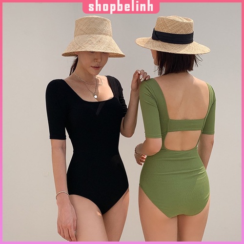 [có sẵn] Bikini monokini 1 mảnh tay ngắn liền thân che khuyết điểm, Đồ bơi hở lưng ulzzang2021