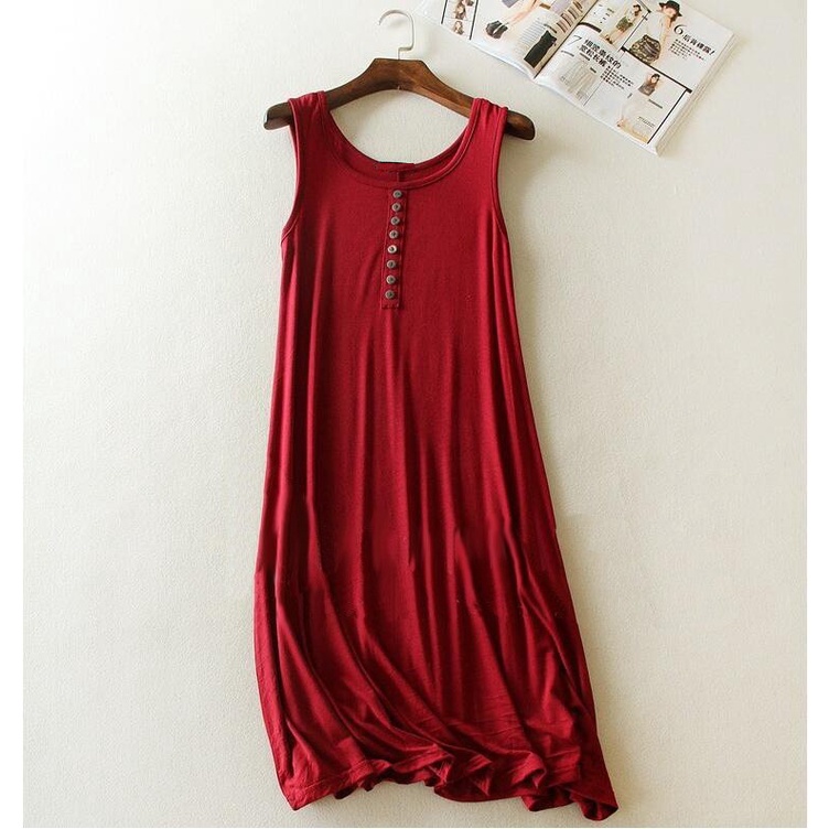 Đầm thun suông dáng dài, Đầm maxi sát nách cổ tròn phối cúc, co giãn dễ chịu khi mặc DB03