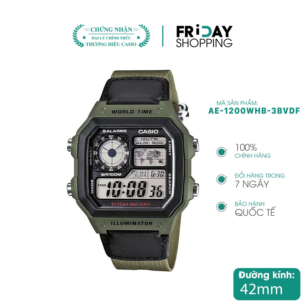 Đồng hồ Casio nam điện tử AE-1200WHB-3BVDF dây dù chính hãng