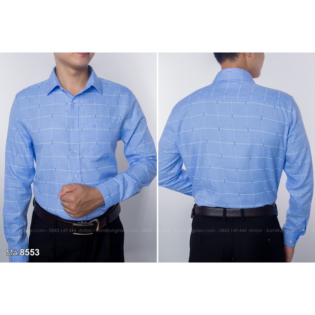 Áo Sơ Mi Nam Thương Hiệu Anton Công Sở Trung Niên Dài Tay Màu Xanh Họa Tiết Kẻ Caro Ngang - 8553 | BigBuy360 - bigbuy360.vn