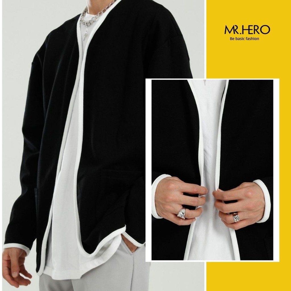 [Siêu Độc] Áo Blazer Nam Dài Tay Form Dáng Rộng Phối Viến Trắng Không Cổ  MrHero Thời Trang Phong Cách Hàn Quốc BZ13