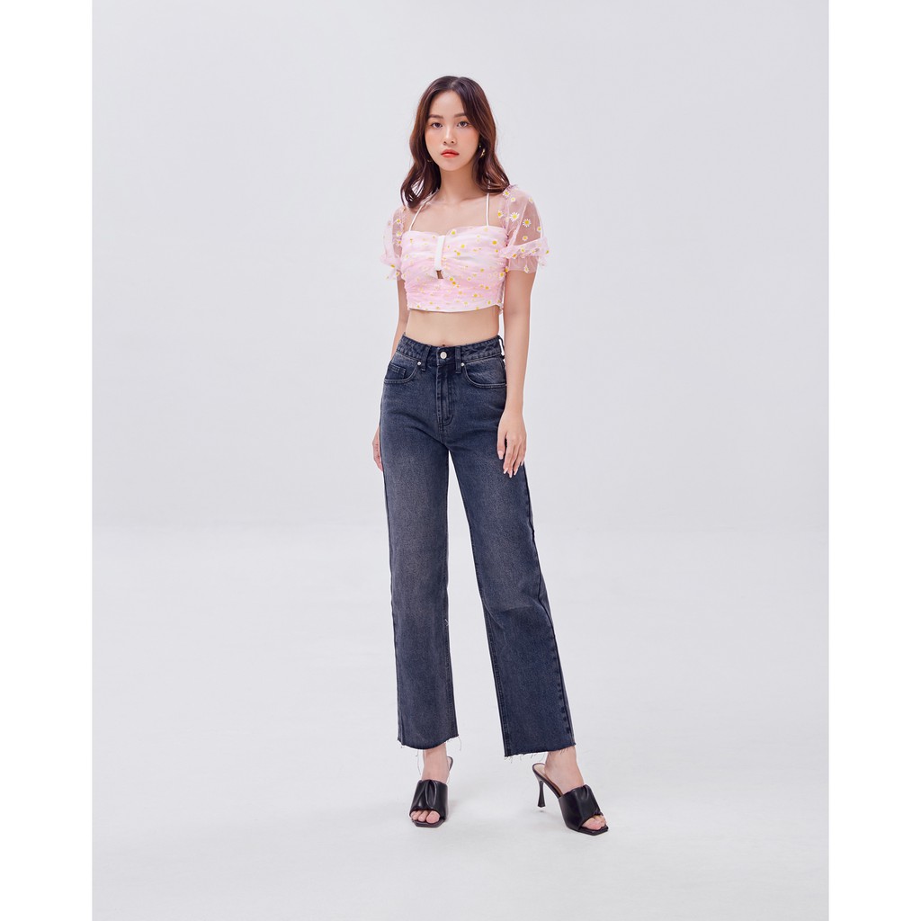 Áo croptop SheByShj tay bồng hoa cúc màu hồng - Pink Daisy Top