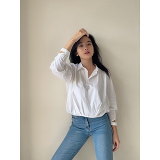 TheBlueTshirt - Áo Sơ Mi Trắng Nữ Viền Xếp Ly - Scrunch - Cuff Pleated Hem Popover Shirt