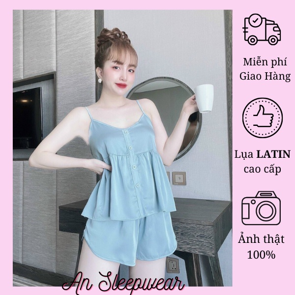 Đồ Ngủ Nữ, Bộ Sexy Lụa LATIN Cao Cấp, Kiểu Đồ 2 Dây Nhún Thân Quần Ngắn, Kiểu Dáng Rộng Rãi, Phom Xinh Dưới 55kg