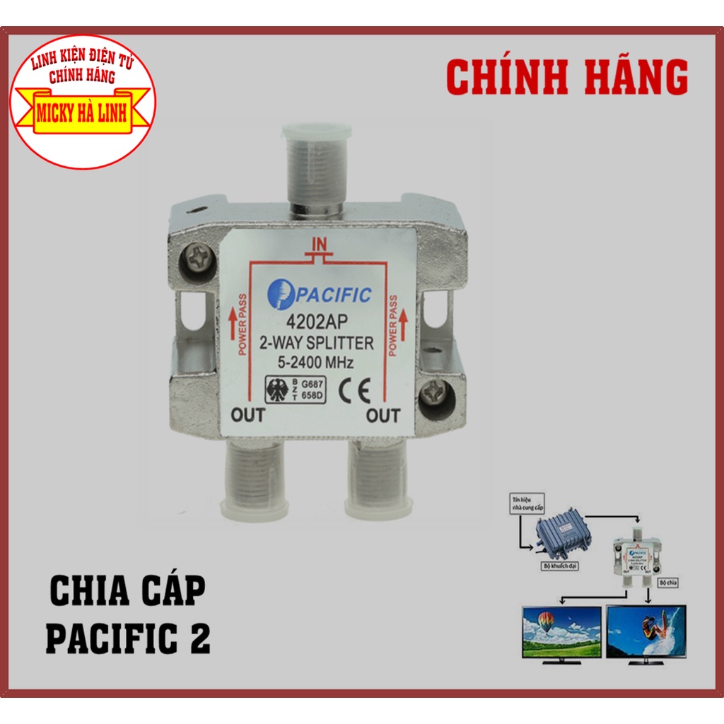 Chia cáp PACIFIC 2 Chính Hãng Xịn, chia 2 tivi tín hiệu truyền hình cáp, Bộ chia truyền hình cáp PACIFIC 4202AP