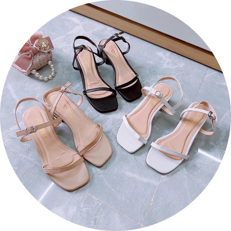 Dép sandal nữ quai mảnh ngang da lì Hàn Quốc gót vuông 4cm