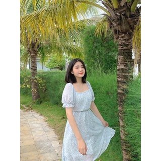 Đầm hoa cổ vuông eo chun + Tặng hộp + túi thơm