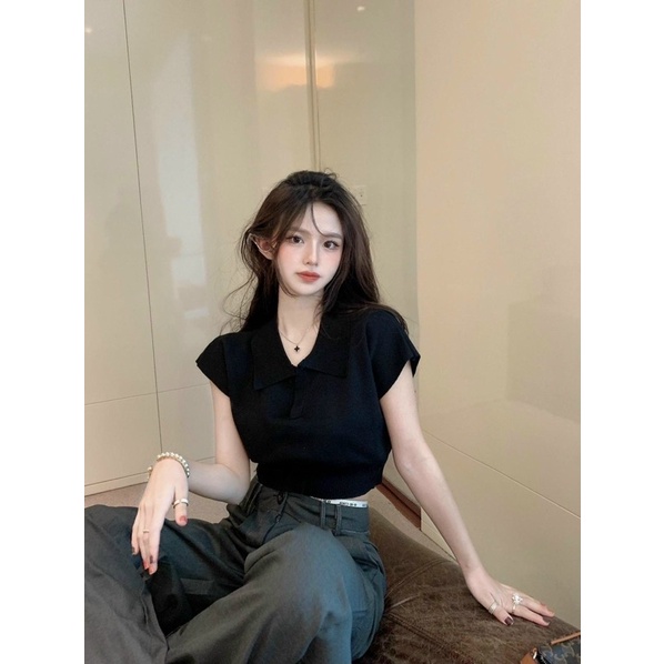 Áo len croptop cổ bẻ tay hến chất đẹp