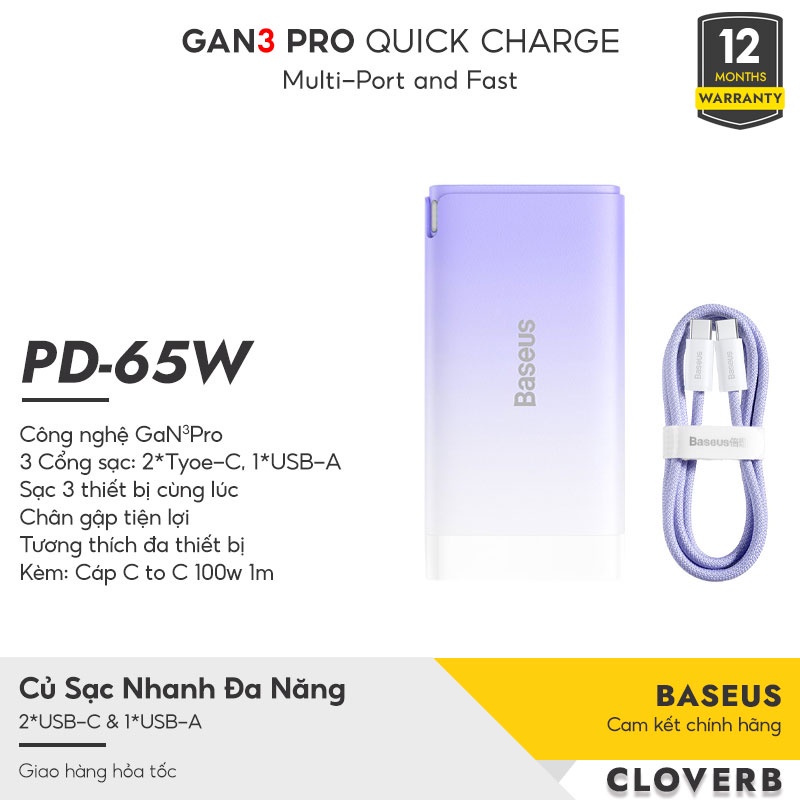 Bộ cốc sạc 3 cổng và cáp TypeC to TypeC Baseus GaN3 Pro 65W hỗ trợ PD3.0/ PPS/ QC4.0/ SCP/ FCP - Nhất Tín Computer