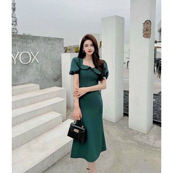Đầm xoè tay phồng cổ vuông đính nơ xinh Lh0917399527
