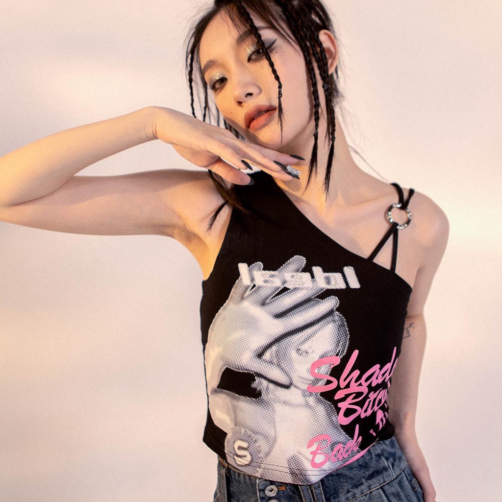 ✾✱⊙ Áo Hai Dây Không Đối Xứng In Hình Thời Trang Mùa Hè Hàn Quốc 2021