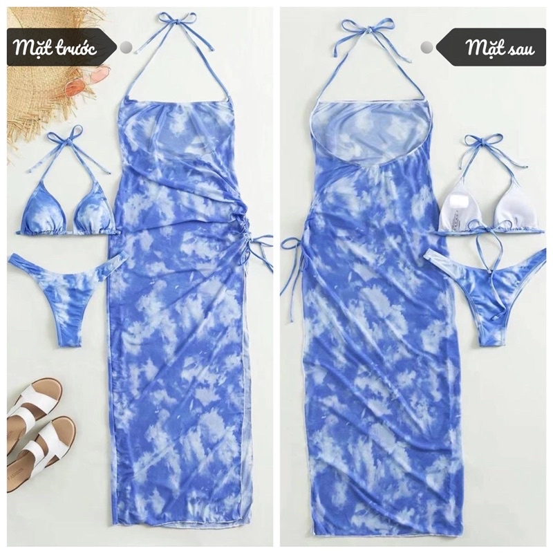 BY020 - Bikini Loang Kèm Váy Voan Dài Xẻ Tà Gợi Cảm Quyến Rũ - Đầm Đi Biển Kết Hợp Đồ Bơi Nữ Sexy