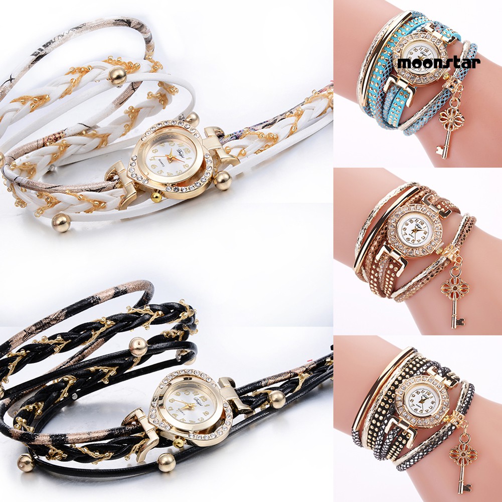 MS  Key Pendant Multi-Layer Rivets Band Arabic Numerals Quartz Bracelet Wrist Watch